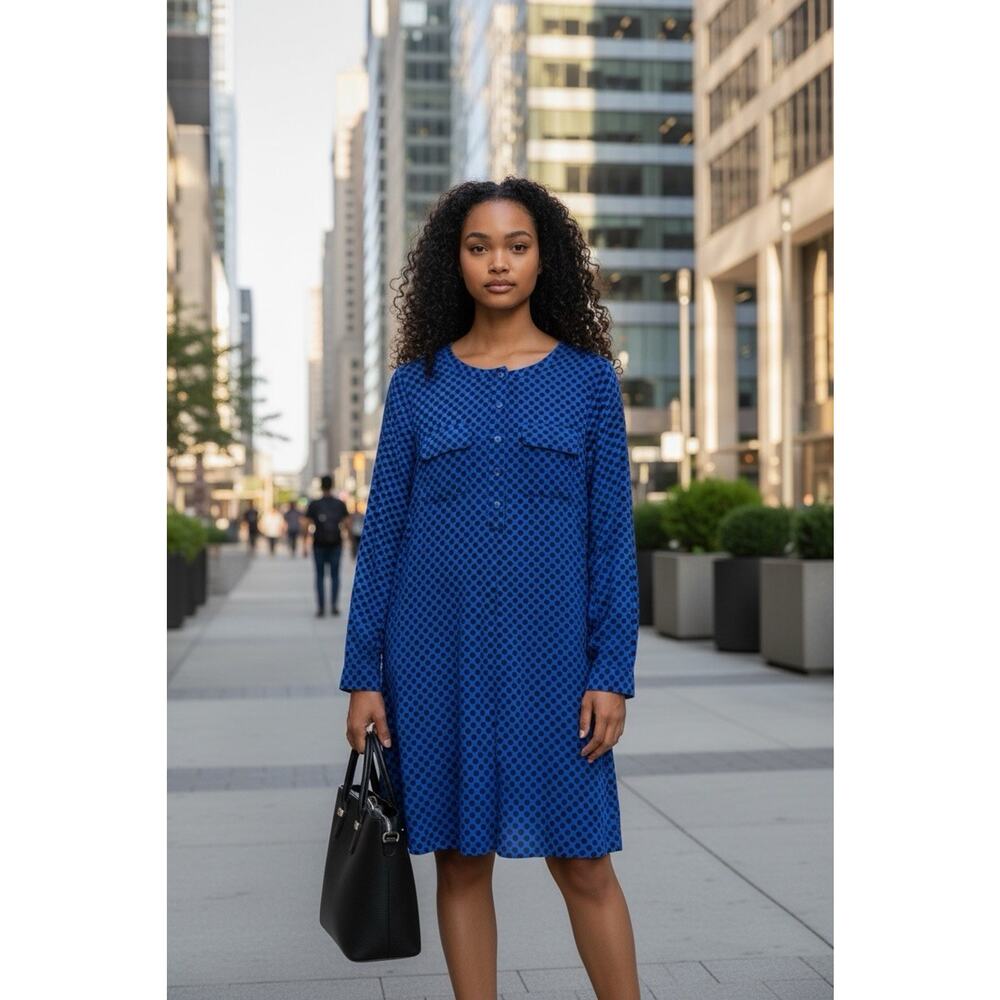 Gap Blue Polka Dot Shift Dress Long Sleeve Size M Classic Preppy Businesswoman